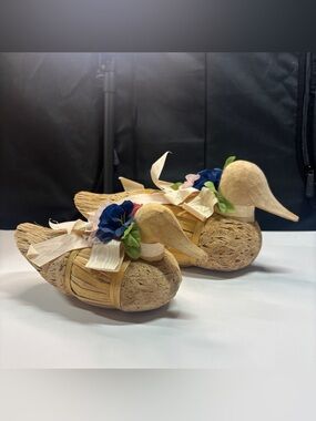 Straw Duck Decoy Reed & Wood Folk Art Bird Figurine Handmade Unique Vintage pair